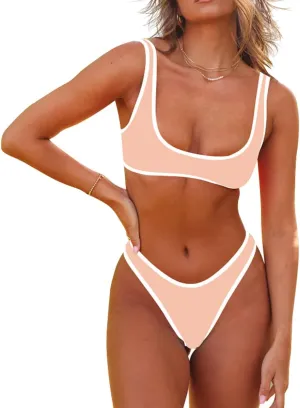 SherryDC Women's Sexy Scoop Neck Bikini Sets Color Block High Cut Thong Brazilian Two Pieces Swimsuit Bathing Suit