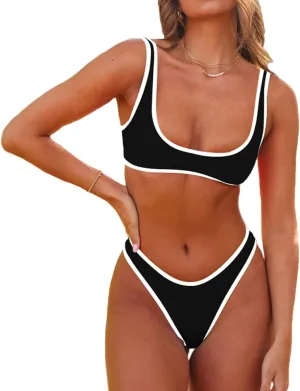SherryDC Women's Sexy Scoop Neck Bikini Sets Color Block High Cut Thong Brazilian Two Pieces Swimsuit Bathing Suit