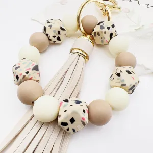 Silicone Beaded Bracelet Keychain Key Ring for Women, Key Chain with PU Tassel, Car Keyring Wristlet Bag Pendant