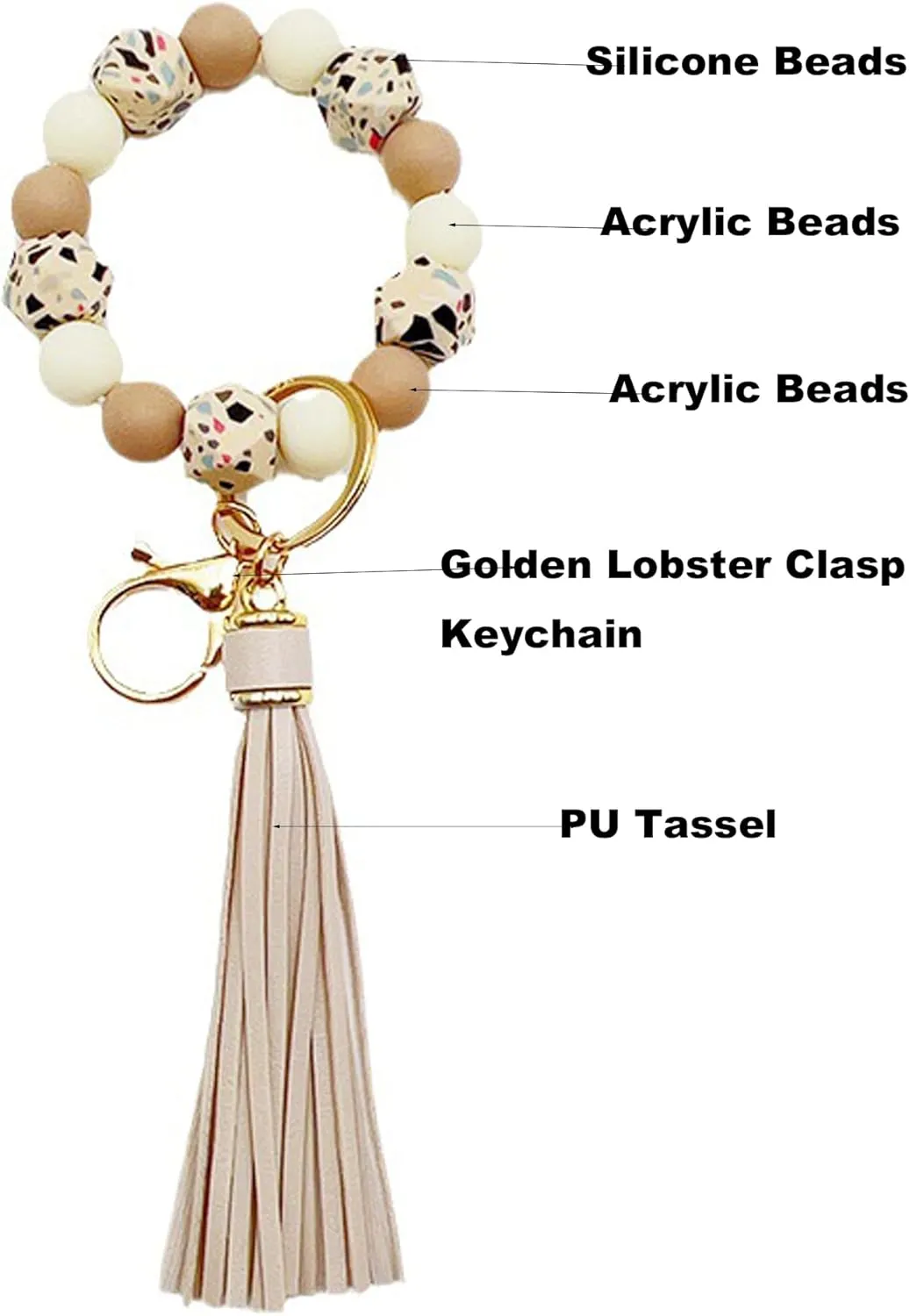 Silicone Beaded Bracelet Keychain Key Ring for Women, Key Chain with PU Tassel, Car Keyring Wristlet Bag Pendant