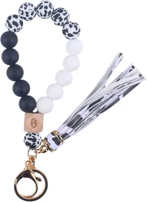 Silicone Beaded Wristlet Keychain, PU Tassel Bracelet Bangle Wrist Key Chains for Bag, Eyes Wood Beads Car Keyring Women