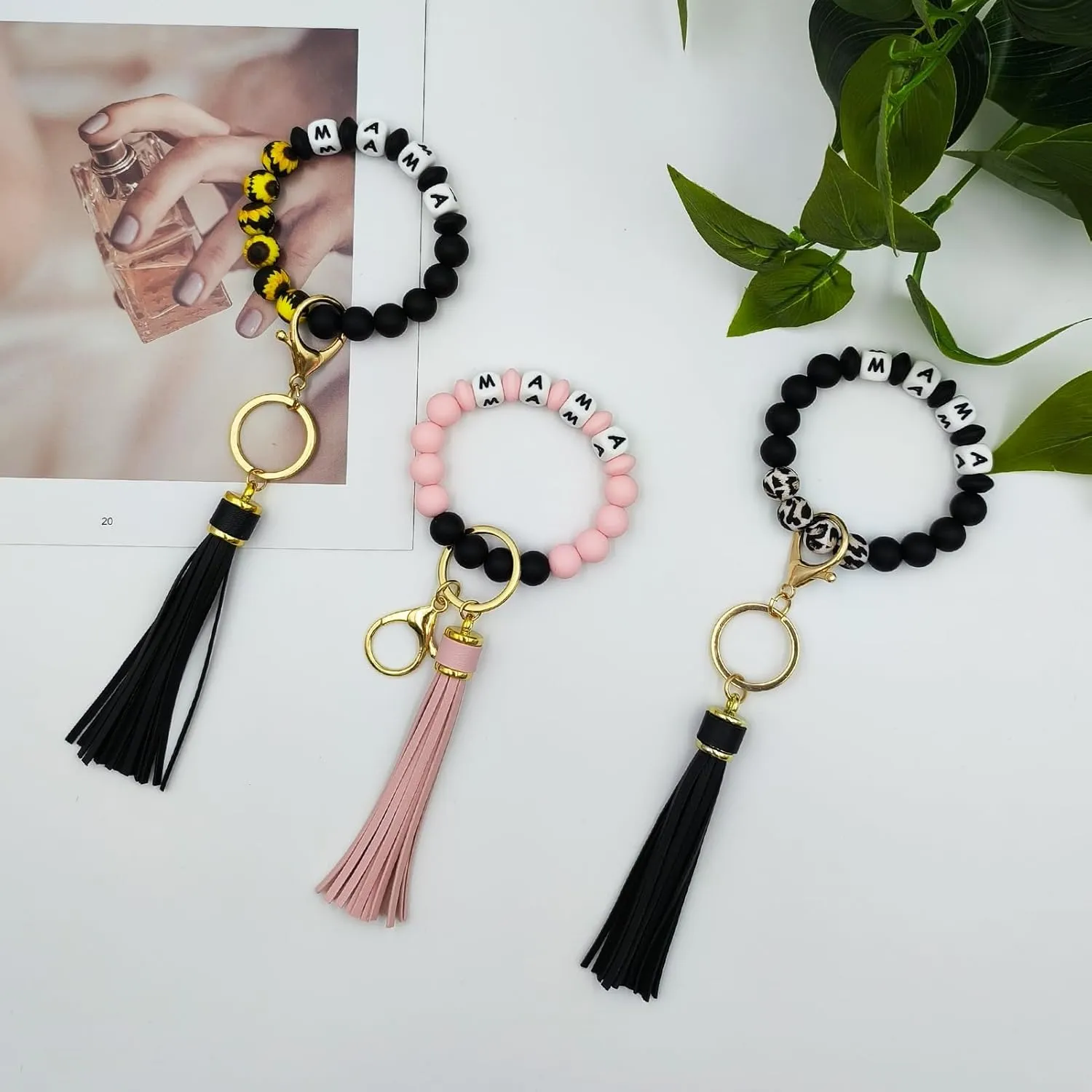 Silicone Keychains Bracelet for Women Girls,Beaded Key Ring Wristlet for Car Keys,keyChain with Leather Tassel
