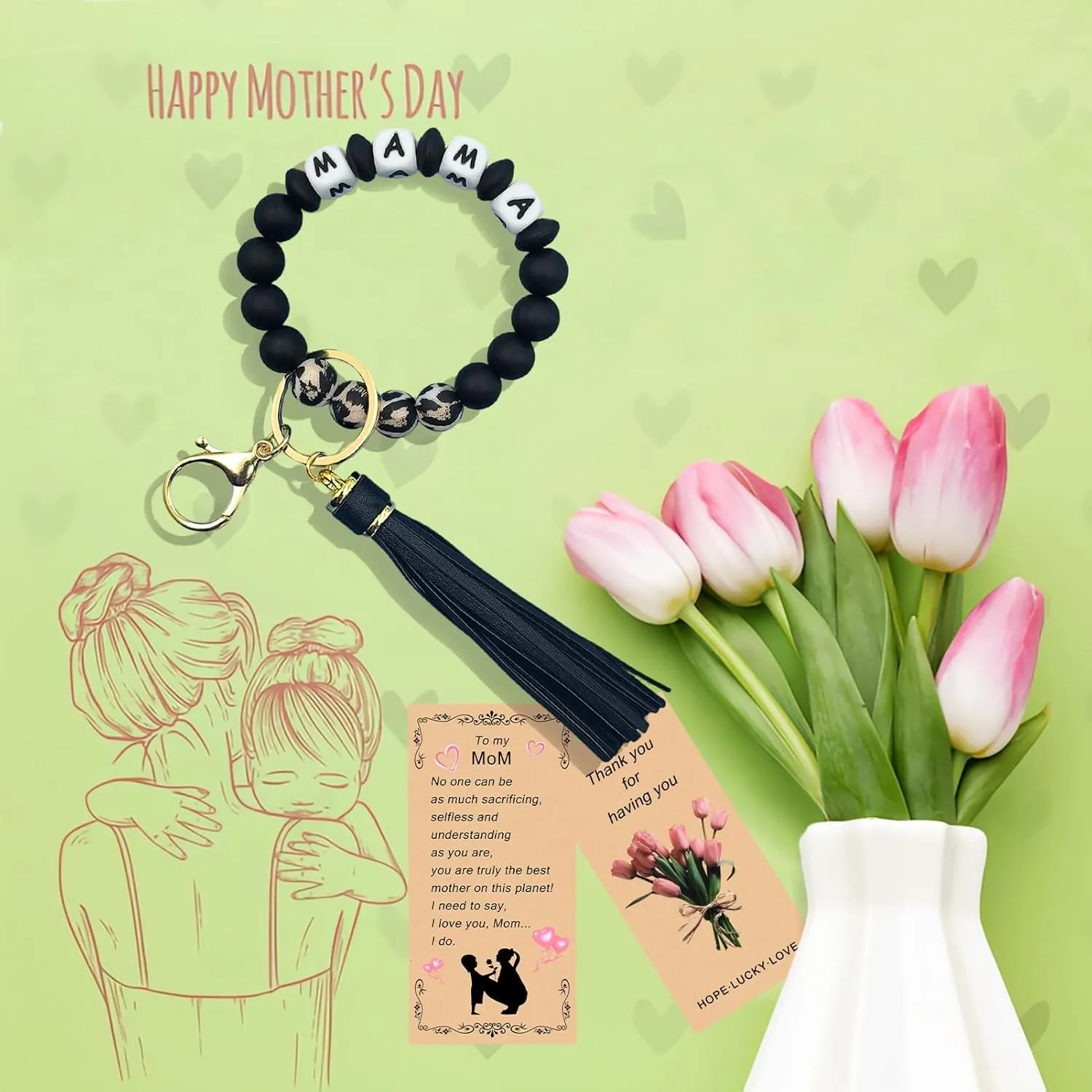 Silicone Keychains Bracelet for Women Girls,Beaded Key Ring Wristlet for Car Keys,keyChain with Leather Tassel
