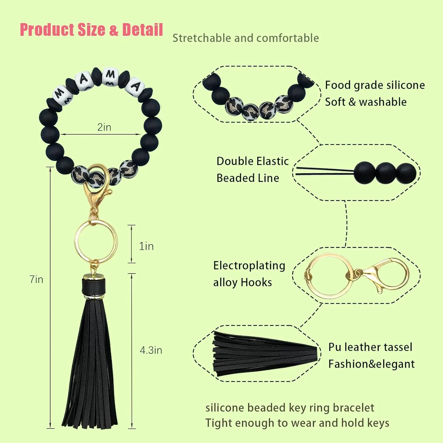 Silicone Keychains Bracelet for Women Girls,Beaded Key Ring Wristlet for Car Keys,keyChain with Leather Tassel