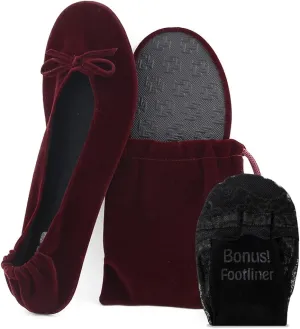 Silky Toes Womens Velvet Foldable Ballet Flats Slip On Travel Purse Shoes with Carrying Pouch