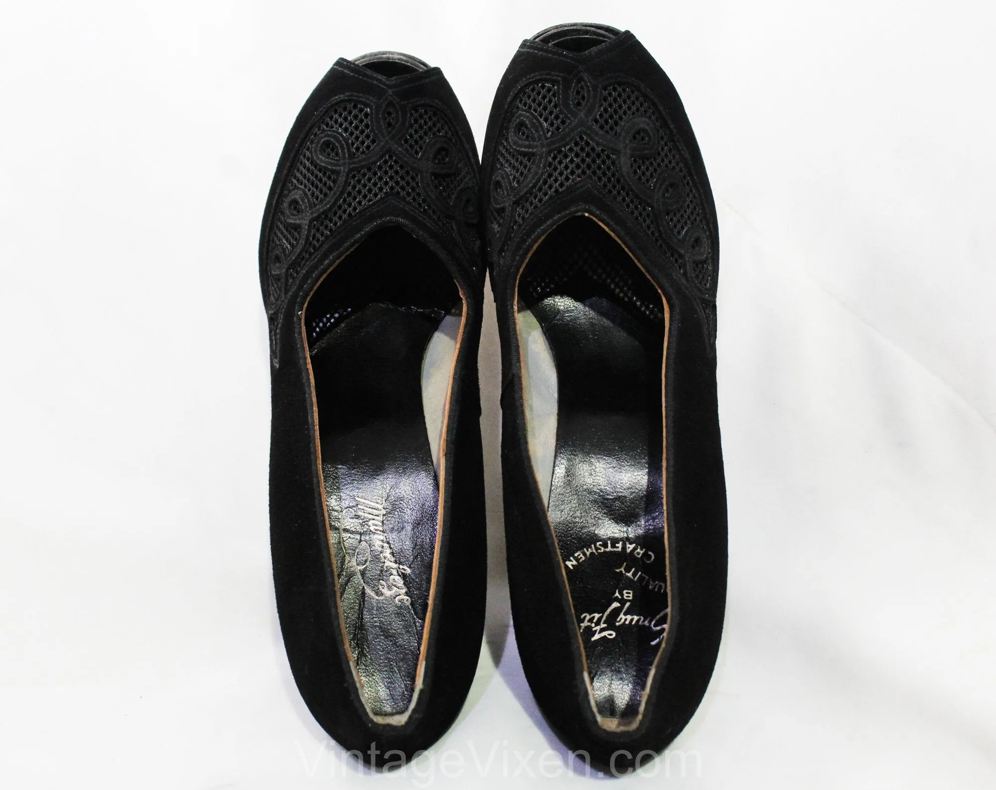 Size 4.5 Black 40s Shoes - Unworn 1940s Suede Heels with Curlique Appliques - 4 1/2 Small Sized Open Toe Pumps - Post WWII Era NOS Deadstock