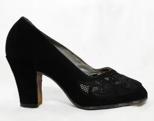 Size 4.5 Black 40s Shoes - Unworn 1940s Suede Heels with Curlique Appliques - 4 1/2 Small Sized Open Toe Pumps - Post WWII Era NOS Deadstock