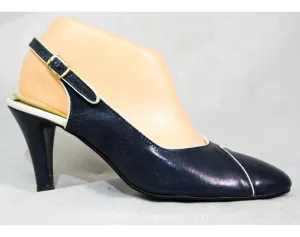 Size 8.5 Navy Shoes - As Is Classic 1980s Dark Blue Slingback Heels - Retro 80s NOS Deadstock - Two Tone Toe Caps - 8 1/2 W Wide Width