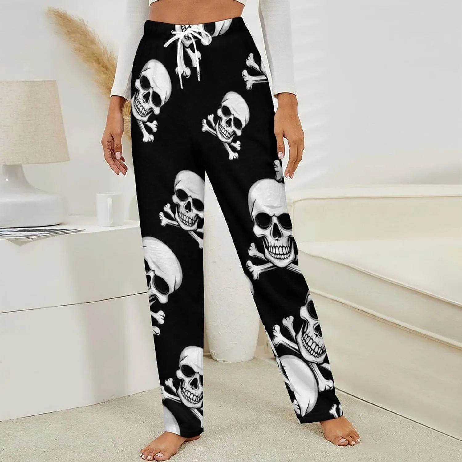 Skull Crossbones Skeleton Jolly Roger Women's Pajama Pants Fleece Warm Pj Bottoms Sleepwear Lounge Pants Loungewear