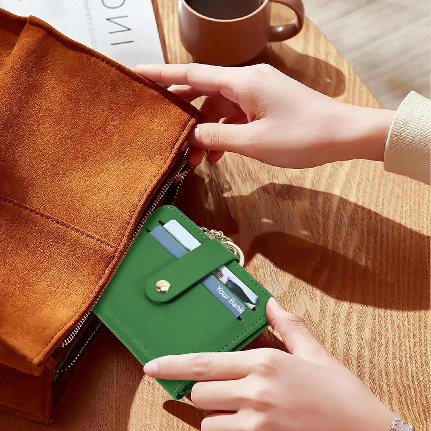 Small Wallets Woman RFID Blocking Leather Credit Card Holder - with ID Window - Card Wallets for Women - with Zipper Coin Purse - Keychain Wallet