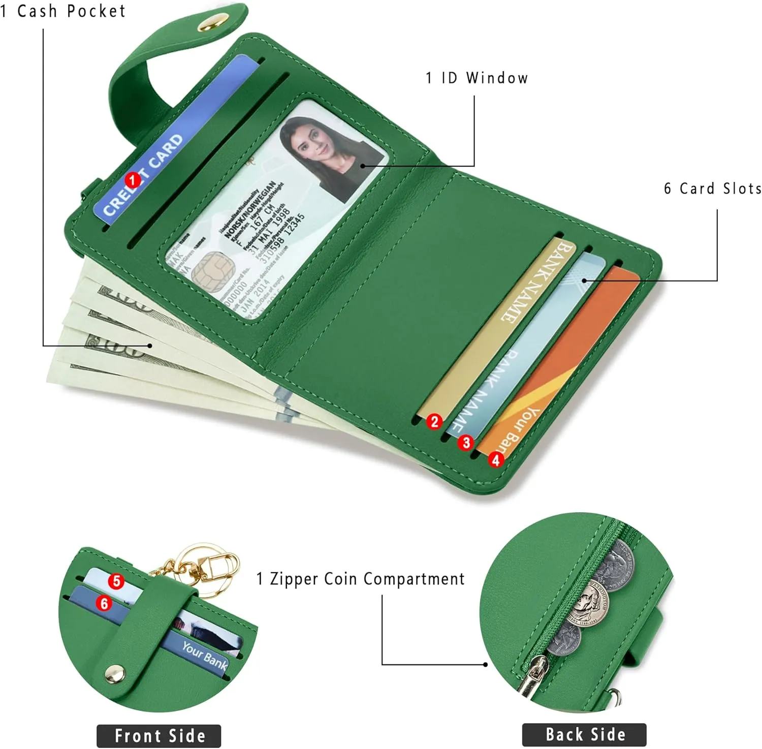 Small Wallets Woman RFID Blocking Leather Credit Card Holder - with ID Window - Card Wallets for Women - with Zipper Coin Purse - Keychain Wallet