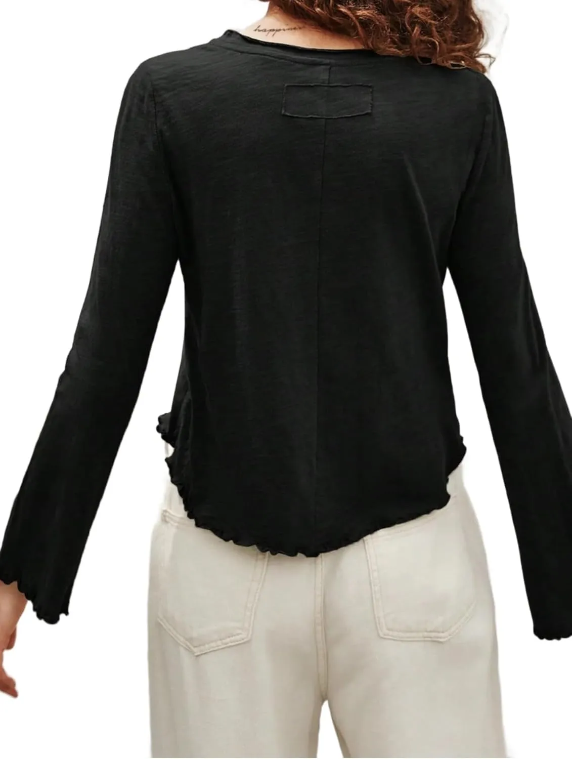SOFIA'S CHOICE Women's Flare Long Sleeve Crop Top T Shirt Crewneck Lettuce Trim Tops
