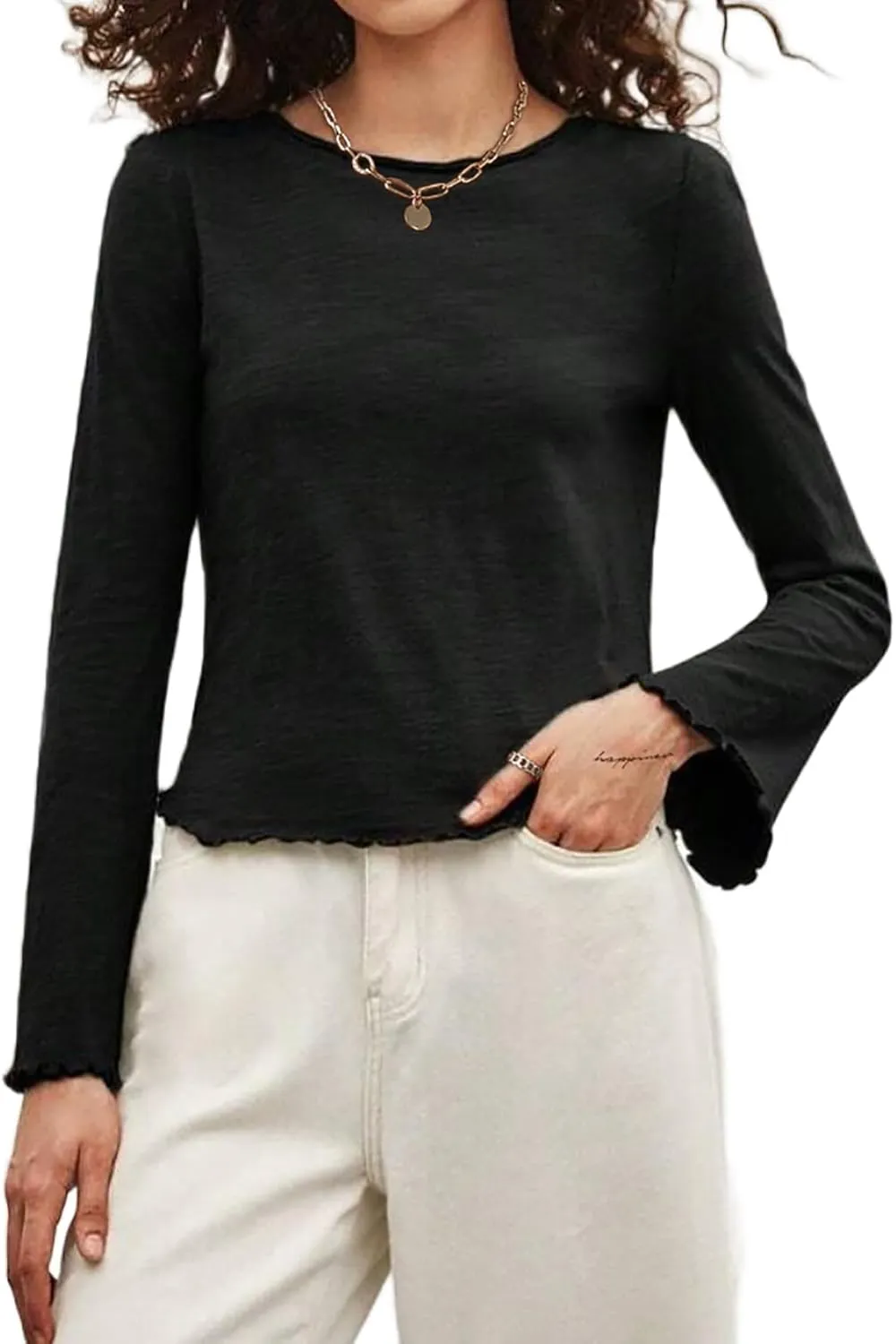 SOFIA'S CHOICE Women's Flare Long Sleeve Crop Top T Shirt Crewneck Lettuce Trim Tops