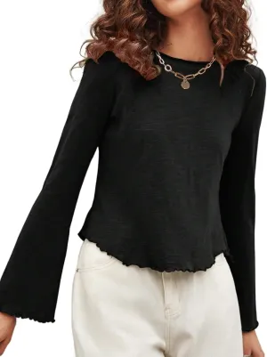 SOFIA'S CHOICE Women's Flare Long Sleeve Crop Top T Shirt Crewneck Lettuce Trim Tops