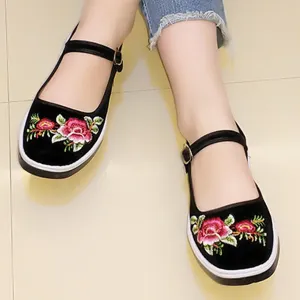 Sohiwoo Women Embroidery Floral  Flat  Cotton  Ankle Strap  Round Toe  Casual Flat & Loafers