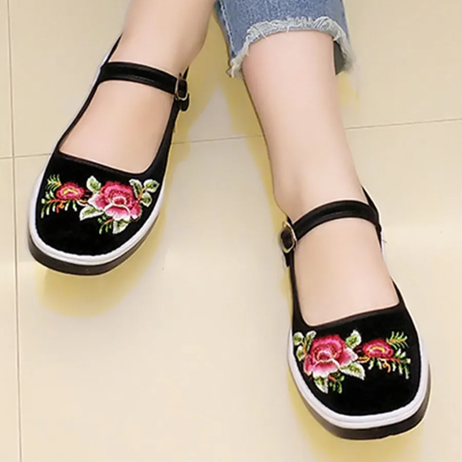 Sohiwoo Women Embroidery Floral  Flat  Cotton  Ankle Strap  Round Toe  Casual Flat & Loafers