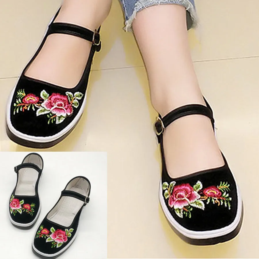 Sohiwoo Women Embroidery Floral  Flat  Cotton  Ankle Strap  Round Toe  Casual Flat & Loafers