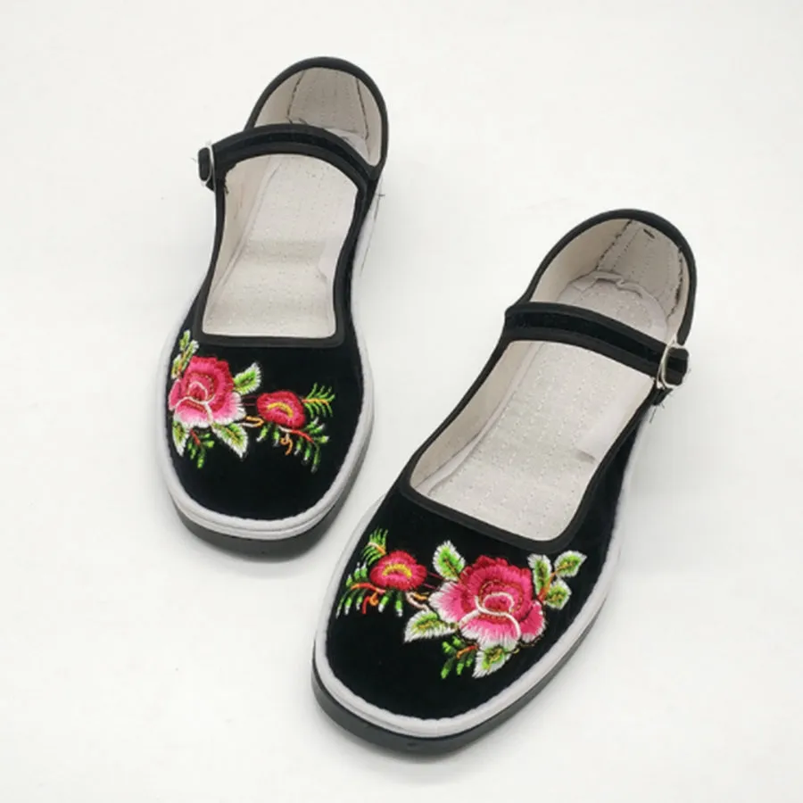 Sohiwoo Women Embroidery Floral  Flat  Cotton  Ankle Strap  Round Toe  Casual Flat & Loafers