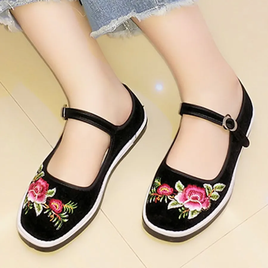 Sohiwoo Women Embroidery Floral  Flat  Cotton  Ankle Strap  Round Toe  Casual Flat & Loafers