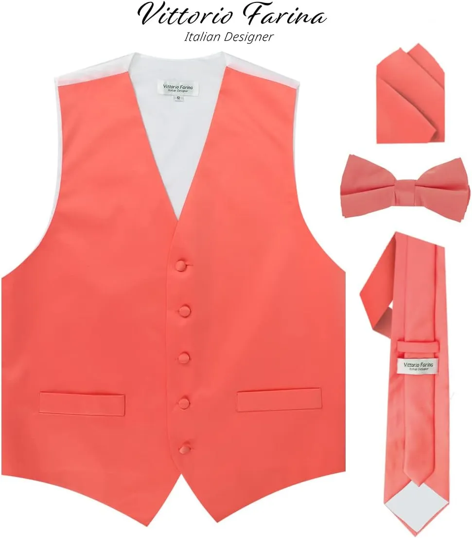 Solid Suit Vest for Men Set of 4 - Vest, Tie, Bow Tie & Pocket Square (White Back)