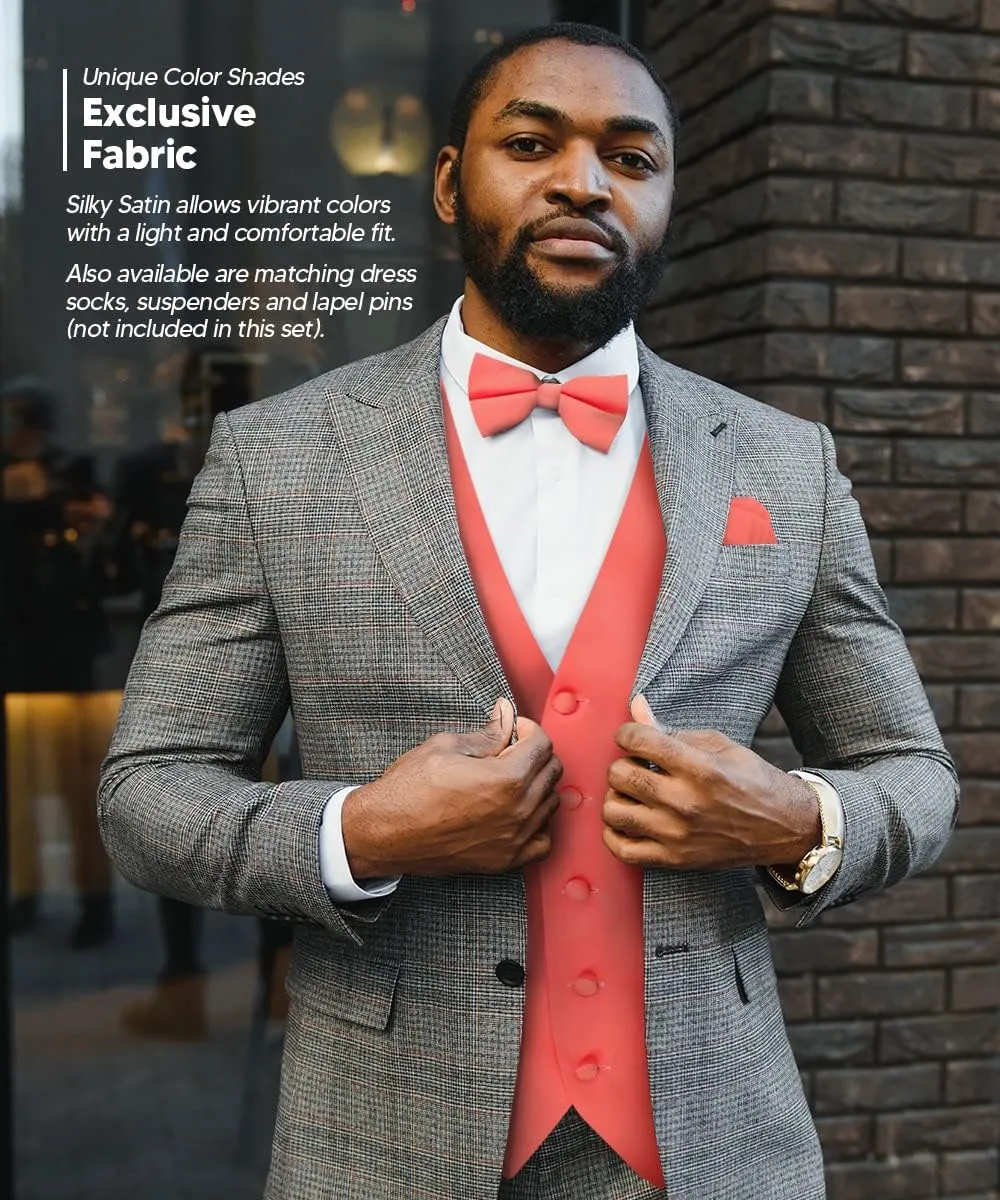 Solid Suit Vest for Men Set of 4 - Vest, Tie, Bow Tie & Pocket Square (White Back)