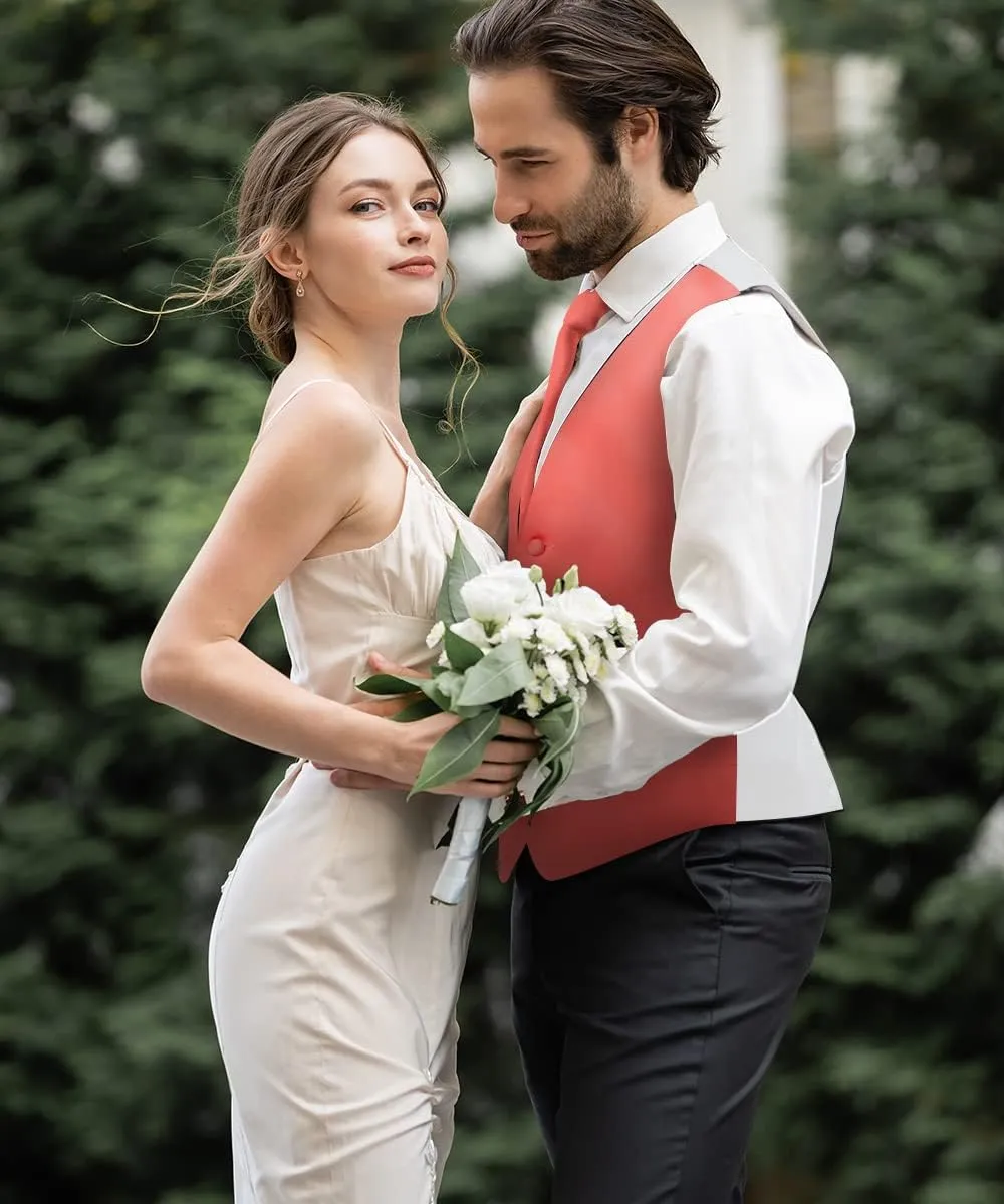 Solid Suit Vest for Men Set of 4 - Vest, Tie, Bow Tie & Pocket Square (White Back)