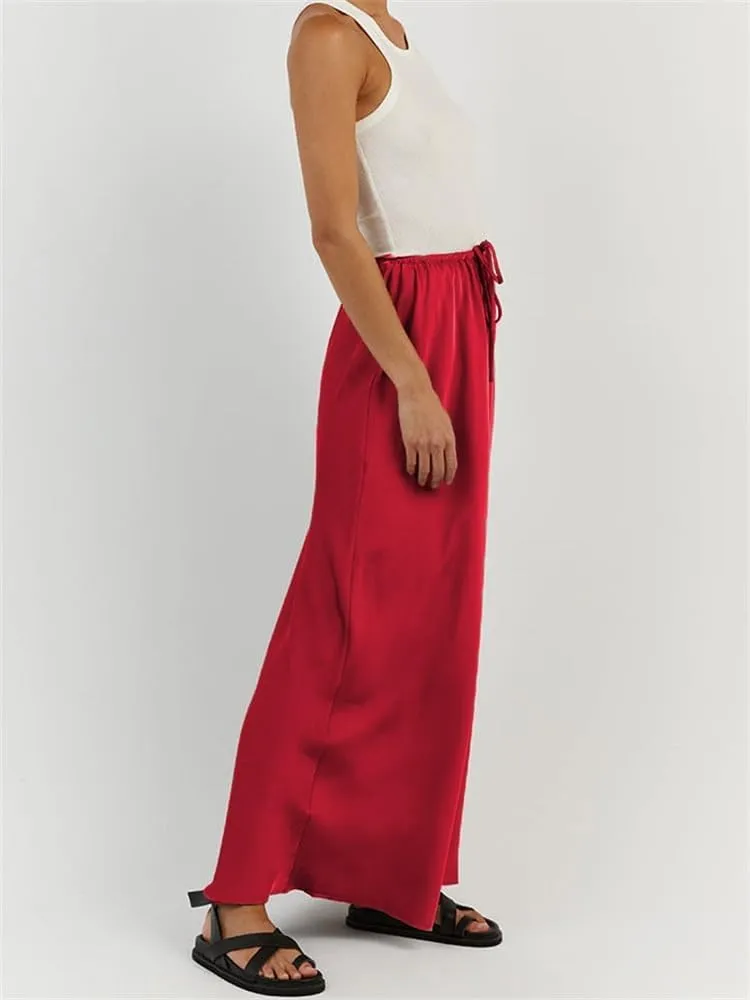 SOLILOQUY Womens Long Skirt Drawstring High Waist Solid Satin Silk Maxi Skirt Elegant A-line Skirts