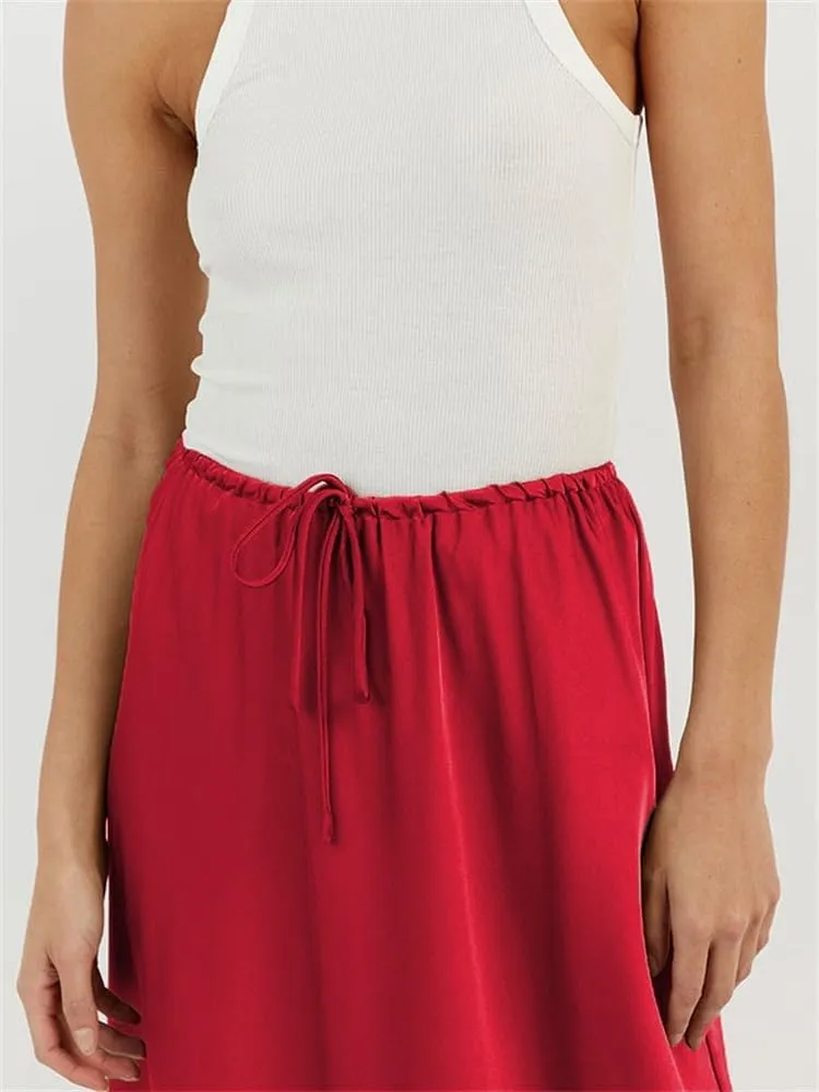 SOLILOQUY Womens Long Skirt Drawstring High Waist Solid Satin Silk Maxi Skirt Elegant A-line Skirts
