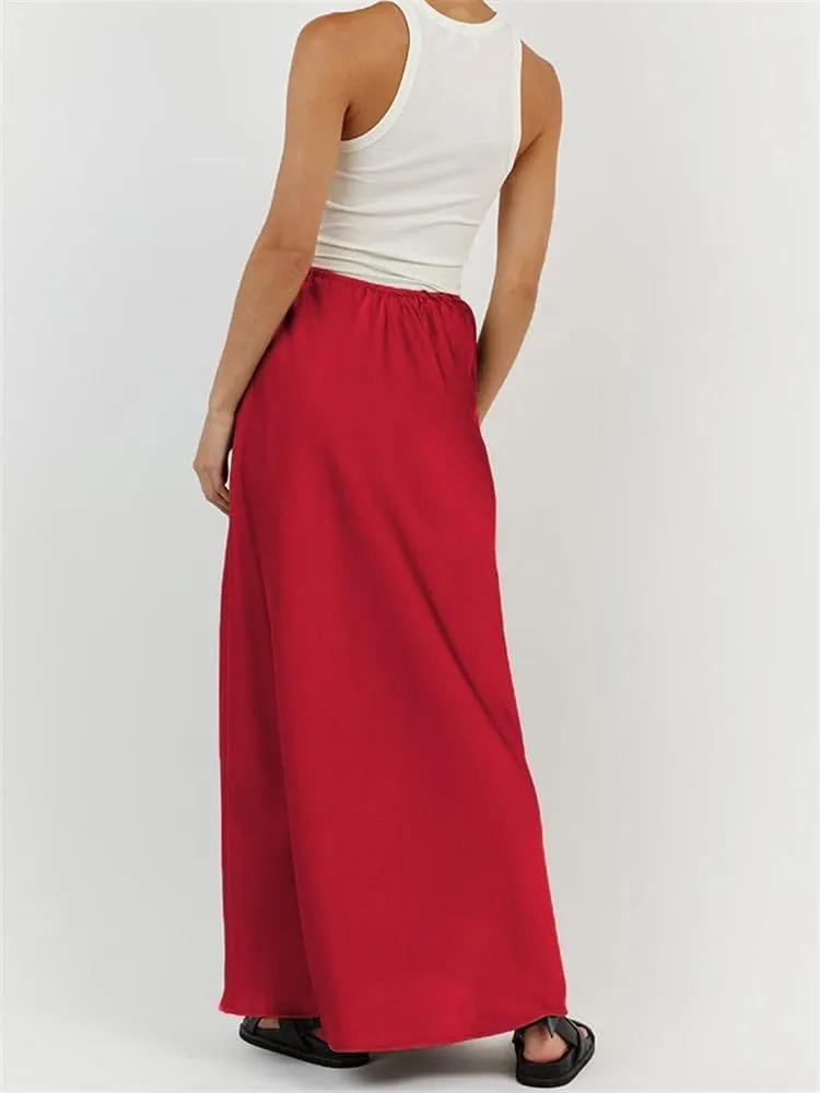 SOLILOQUY Womens Long Skirt Drawstring High Waist Solid Satin Silk Maxi Skirt Elegant A-line Skirts