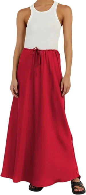 SOLILOQUY Womens Long Skirt Drawstring High Waist Solid Satin Silk Maxi Skirt Elegant A-line Skirts