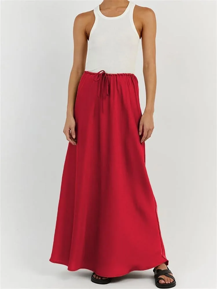 SOLILOQUY Womens Long Skirt Drawstring High Waist Solid Satin Silk Maxi Skirt Elegant A-line Skirts