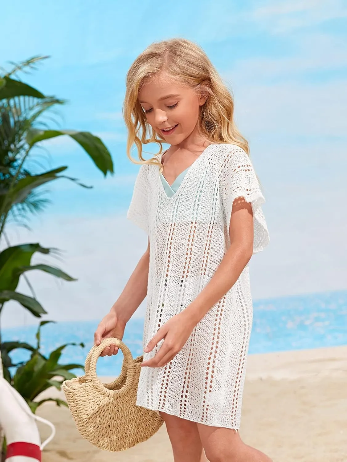 SOLY HUX Girl's V Neck Crochet Short Sleeve Beach Dress Summer Swimsuit Bikini Cover Up
