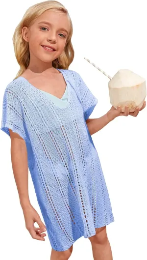 SOLY HUX Girl's V Neck Crochet Short Sleeve Beach Dress Summer Swimsuit Bikini Cover Up