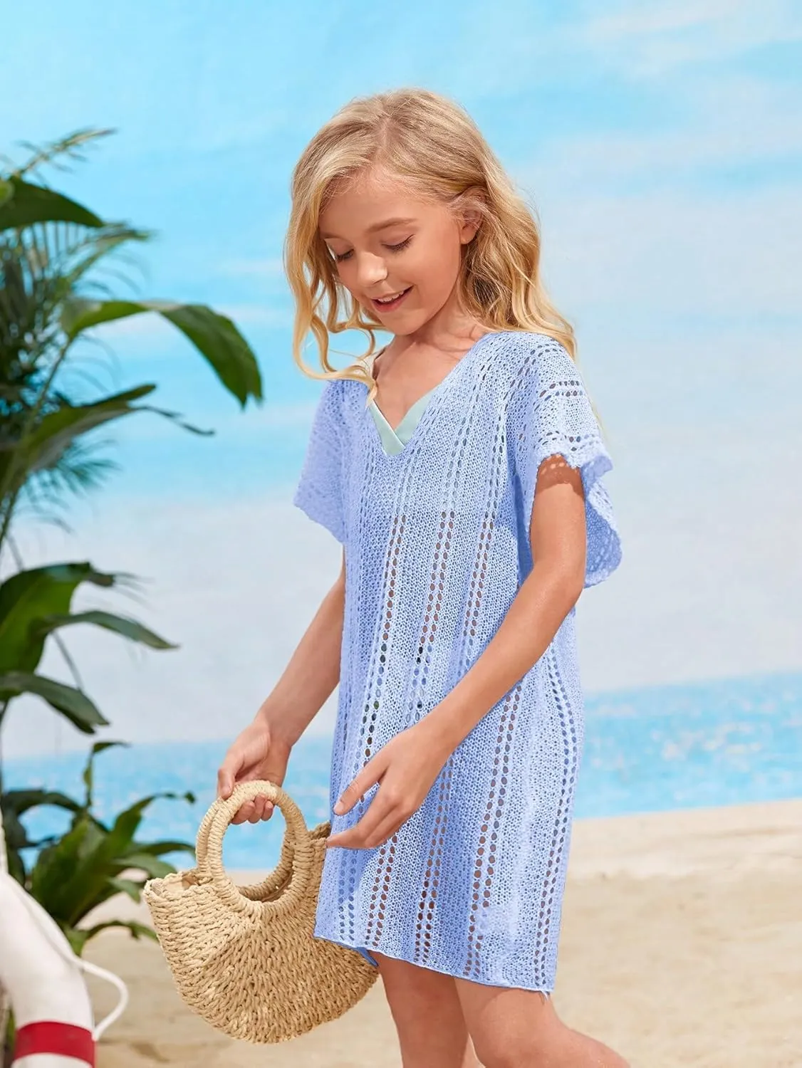 SOLY HUX Girl's V Neck Crochet Short Sleeve Beach Dress Summer Swimsuit Bikini Cover Up