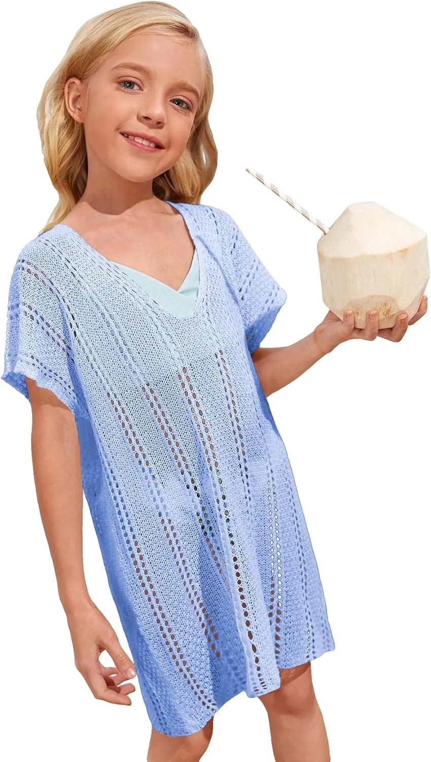 SOLY HUX Girl's V Neck Crochet Short Sleeve Beach Dress Summer Swimsuit Bikini Cover Up