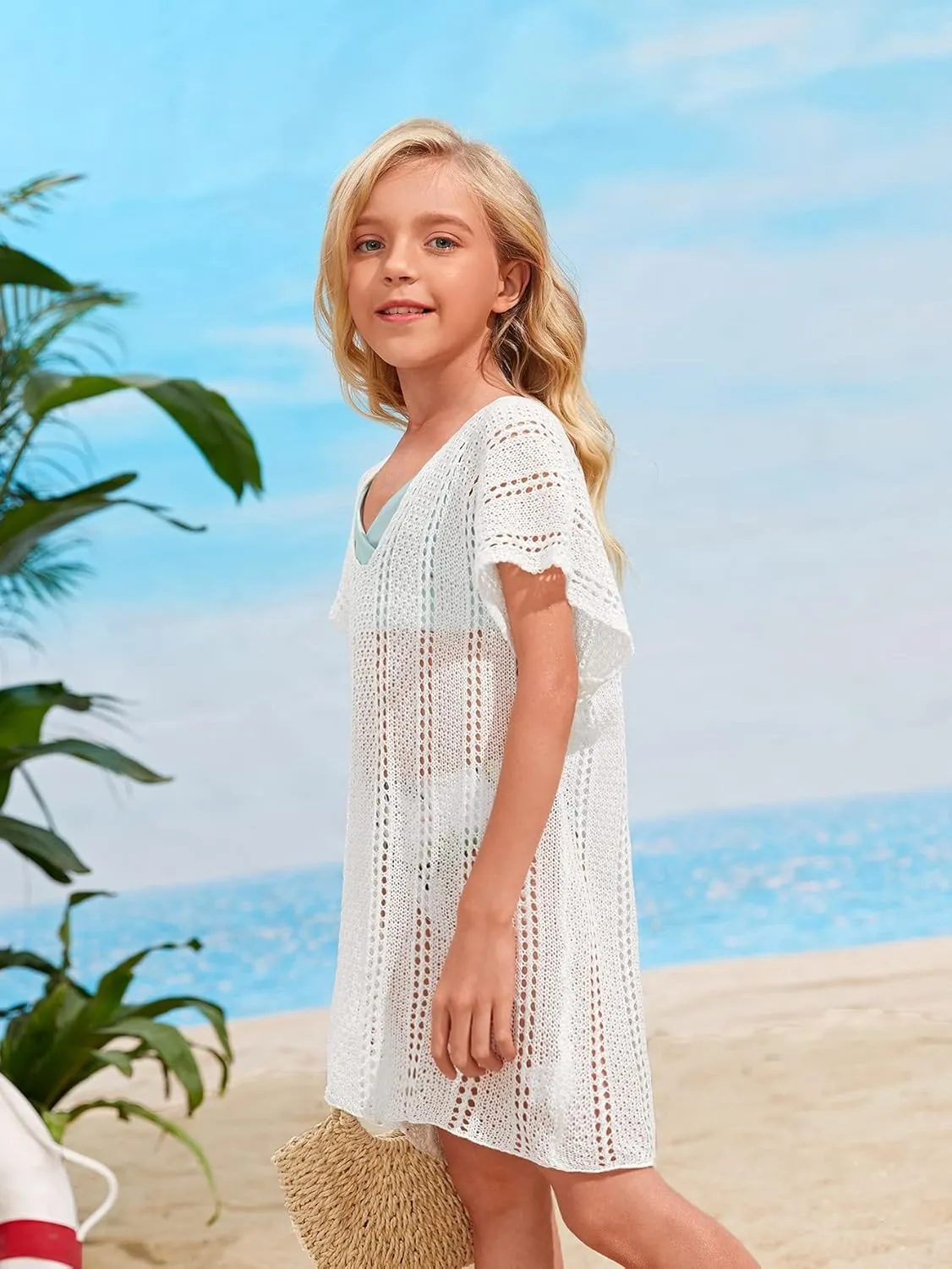 SOLY HUX Girl's V Neck Crochet Short Sleeve Beach Dress Summer Swimsuit Bikini Cover Up
