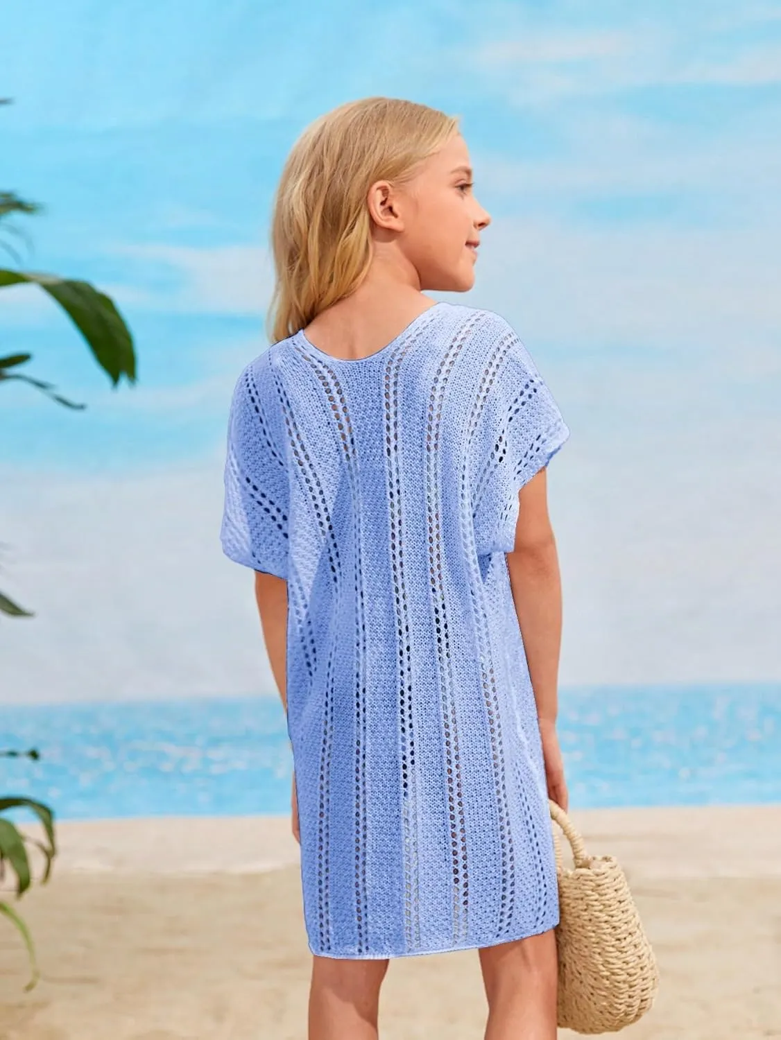 SOLY HUX Girl's V Neck Crochet Short Sleeve Beach Dress Summer Swimsuit Bikini Cover Up