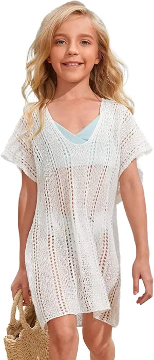 SOLY HUX Girl's V Neck Crochet Short Sleeve Beach Dress Summer Swimsuit Bikini Cover Up