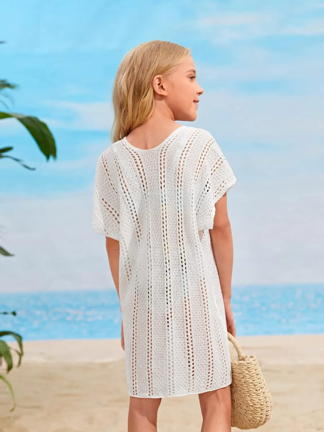 SOLY HUX Girl's V Neck Crochet Short Sleeve Beach Dress Summer Swimsuit Bikini Cover Up