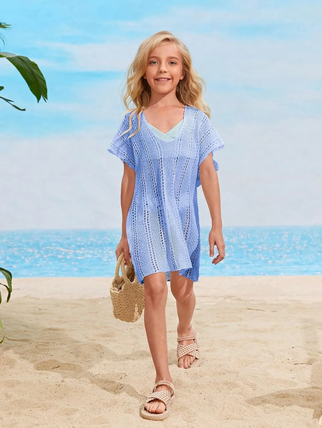 SOLY HUX Girl's V Neck Crochet Short Sleeve Beach Dress Summer Swimsuit Bikini Cover Up