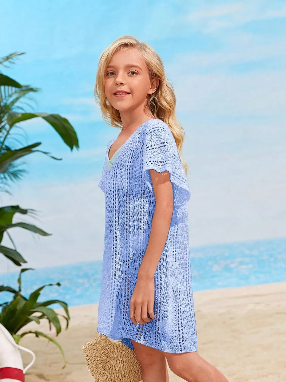 SOLY HUX Girl's V Neck Crochet Short Sleeve Beach Dress Summer Swimsuit Bikini Cover Up