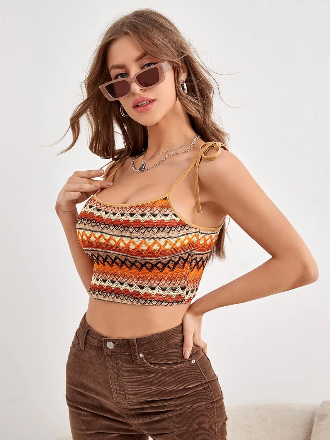 SOLY HUX Women's Boho Y2k Crop Top Camisole Tie Shoulder Spaghetti Strap Summer Cami Tops