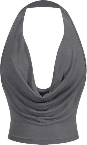 SOLY HUX Women's Cowl Neck Halter Neck Going Out Tops Open Back Sleeveless Y2k Crop Tank Top