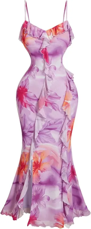 SOLY HUX Women's Floral Print Ruffle Maxi Dress Deep V Neck Sleeveless Split Hem Fishtail Boho Dresses