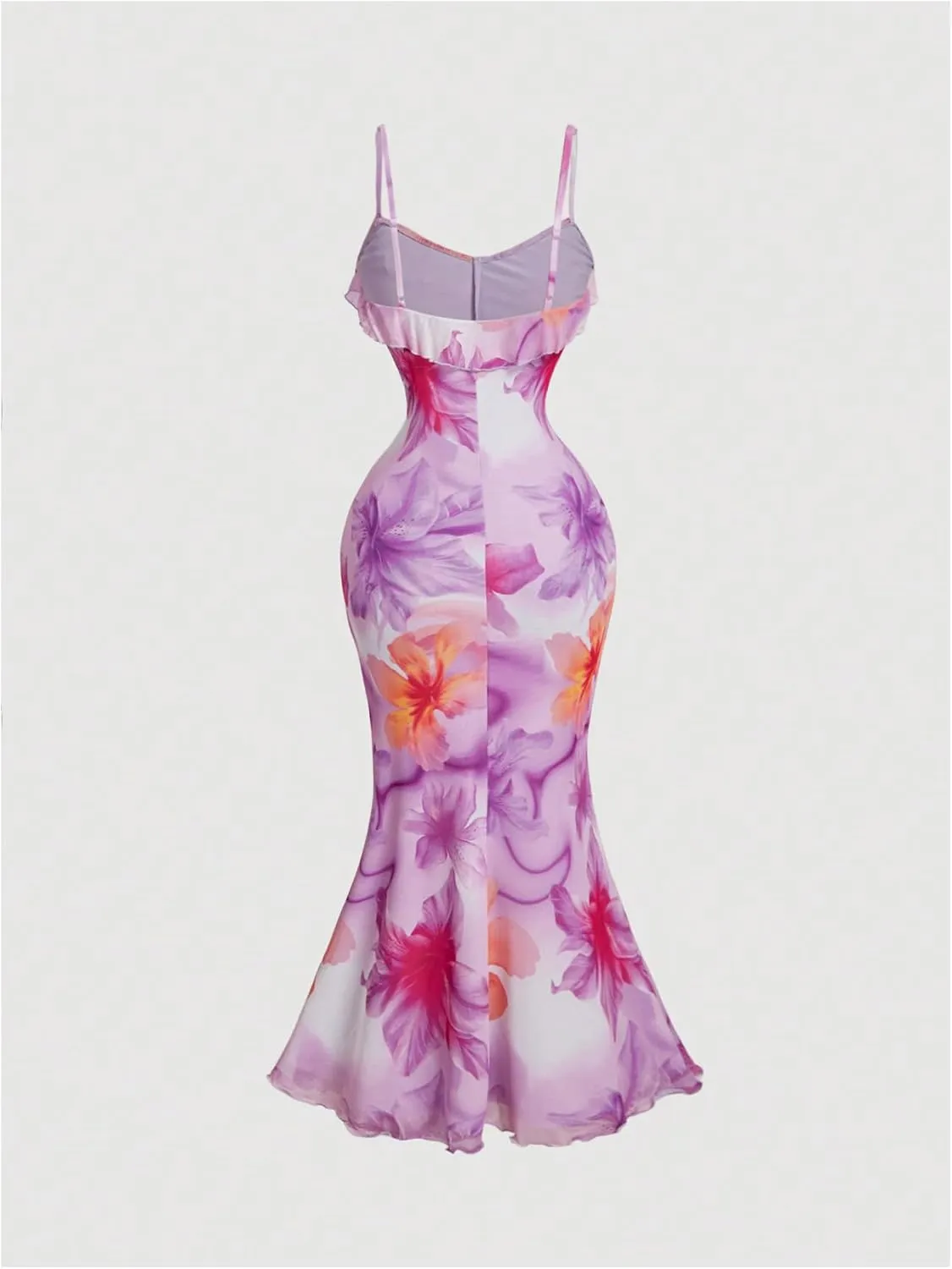 SOLY HUX Women's Floral Print Ruffle Maxi Dress Deep V Neck Sleeveless Split Hem Fishtail Boho Dresses