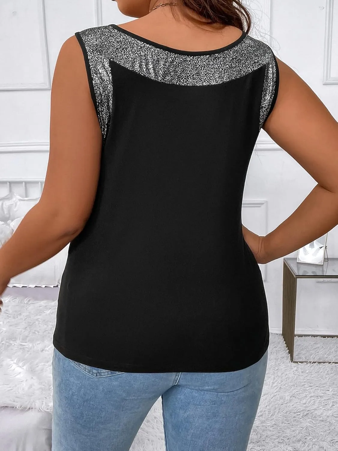 SOLY HUX Women's Plus Size Glitter V Neck Sleeveless Tank Top Casual Summer Tops