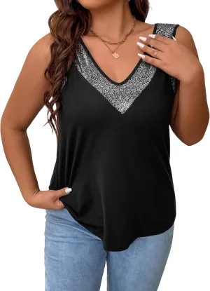 SOLY HUX Women's Plus Size Glitter V Neck Sleeveless Tank Top Casual Summer Tops