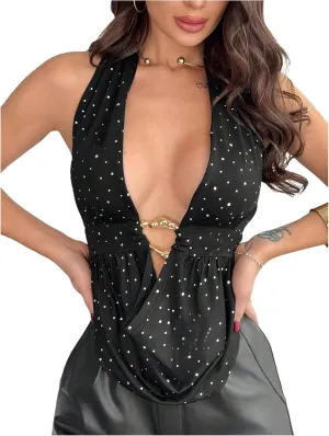 SOLY HUX Women's Sexy Halter Going Out Top Open Back Deep V Neck Sleeveless Vest Tank Tops Party Clubwear