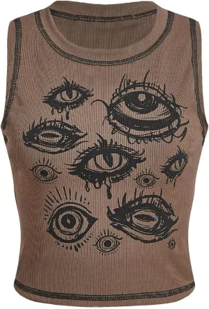 SOLY HUX Women's Y2k Goth Eye Print Crop Tank Top Round Neck Sleeveless Summer Tops