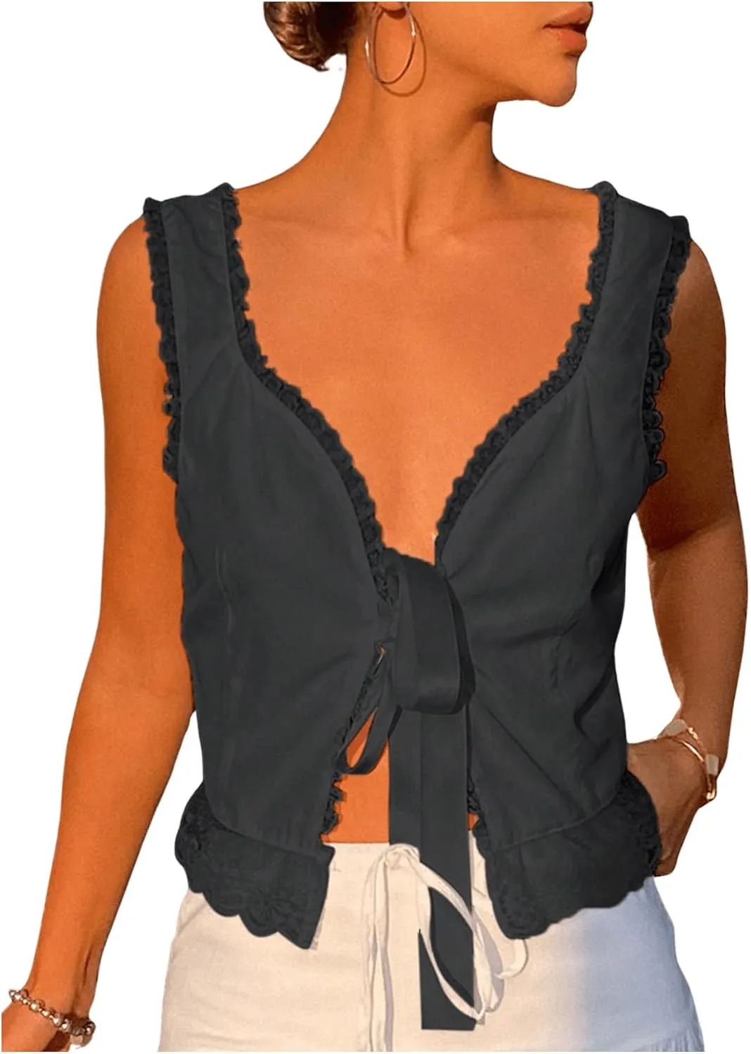 SOLY HUX Women's Y2k Lace Trim Open Tie Front Tank Top V Neck Sleeveless Tops